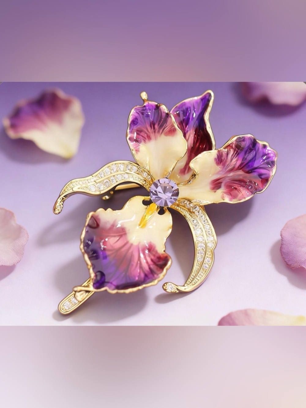 Gold-Tone Purple & White Enamel Orchid Brooch with Crystal Accent